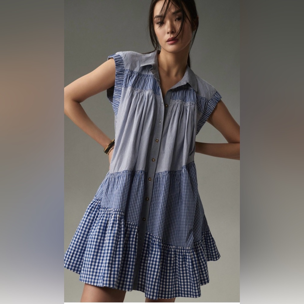 Anthropologie Pilcro GinghamI Icy Blue Womens Mini Dress Size XS Chic Preppy